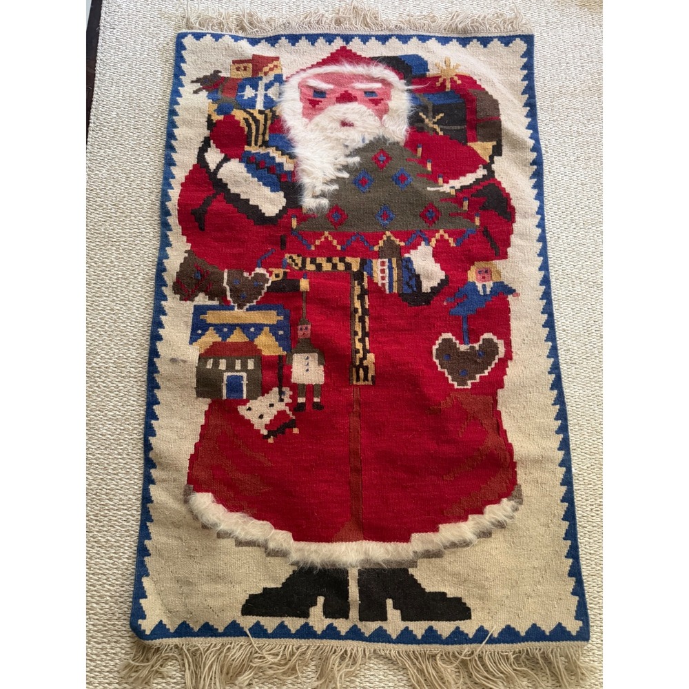 Vintage Handwoven Wool Santa Claus Tapestry Wall 30x50 Folk Art Christmas Rug